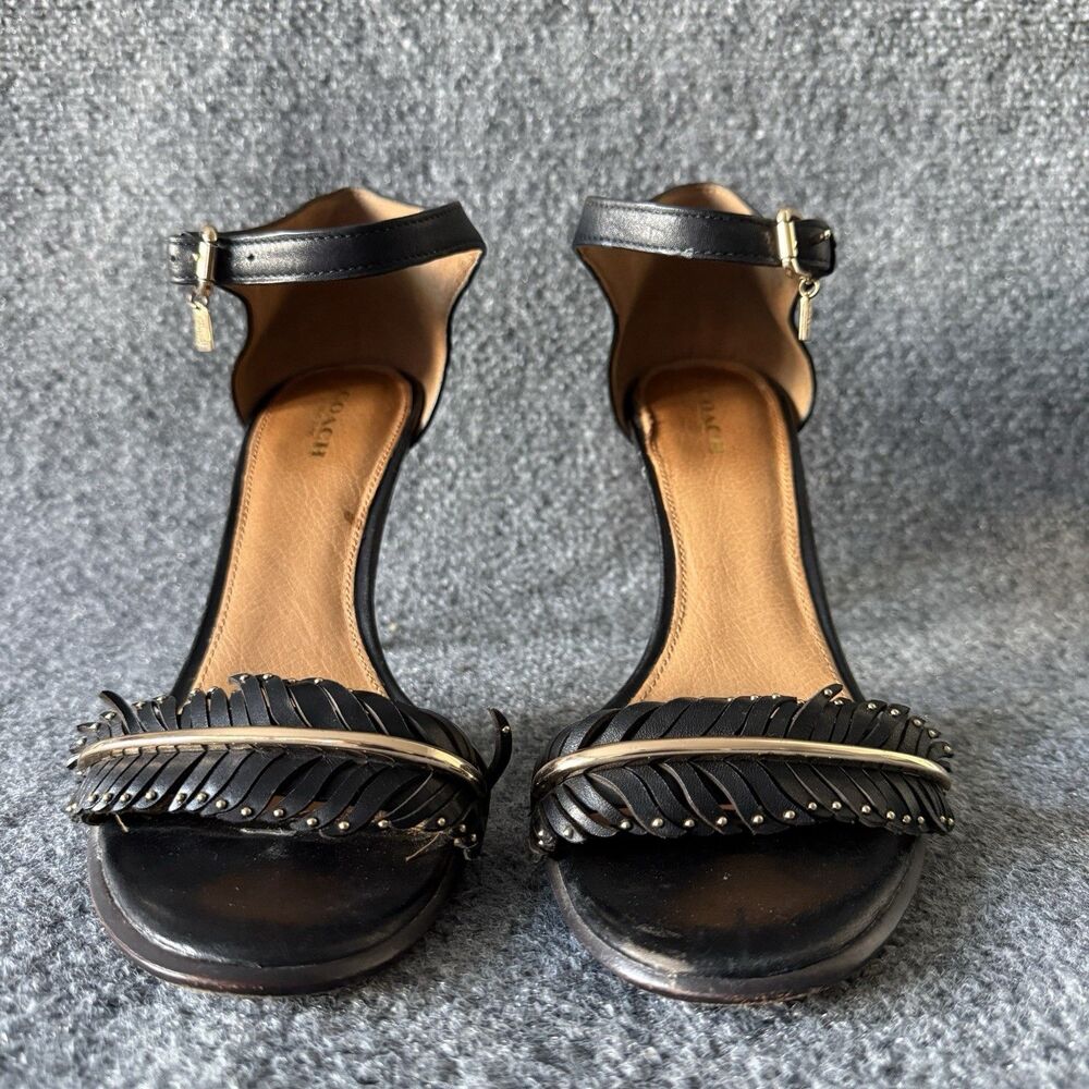 Coach Isabella Black Feather Studded Ankle Strap Strappy Leather Heel 10B - Picture 7 of 13